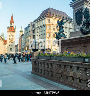 Marienplatz sqaure with the Altes Rathaus (Old Town Hall) left in Munich, capital of Bavaria, Germany. Stock Photo