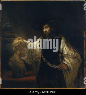 Aristotle with a Bust of Homer . Part of a series of seven paintings, which also included Homer by Rembrandt (File:Rembrandt Harmensz. van Rijn 061.jpg), Alexander the Great by Rembrandt (lost), The Cosmographer by Guercino (lost), Dionysius of Syracuse by Matia Preti (lost), The Philosopher Archita Tarantino by Salvator Rosa (lost) and The Philosopher or Jerome by Giacinto Brandi (lost). 1653.   1048 Rembrandt - Aristotle with a Bust of Homer - Google Art Project Stock Photo