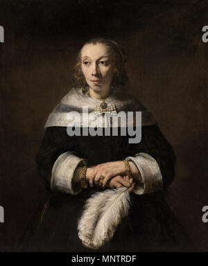 Rembrandt van Rijn (Dutch, 1606 - 1669 ), Portrait of a Lady with an Ostrich-Feather Fan, c. 1658/1660, oil on canvas transferred to canvas, Widener Collection   Portrait of a Lady with an Ostrich-Feather Fan . Pendant of File:Rembrandt 229.jpg . circa 1658-1660 (1658-1668).   1051 Rembrandt Harmensz. van Rijn 107 Stock Photo