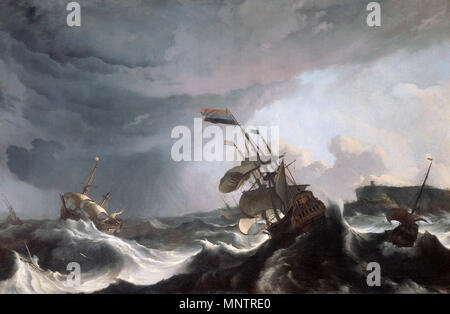 Ships in Distress in a Heavy Storm.[1] Alternative title(s): The man-of-war ‘Ridderschap’ (right) and ‘Hollandia’ (left) on the rocks during a storm in the Strait of Gibraltar [old title].[2]   circa 1695.   1099 Schepen aan lager wal - Ships running aground - The 'Ridderschap' and 'Hollandia' in trouble in the Street of Gibraltar 1-3 March 1694 (Ludolf Backhuysen, 1708) Stock Photo
