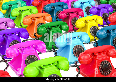 Background from colored old-fashioned phones, 3D rendering Stock Photo