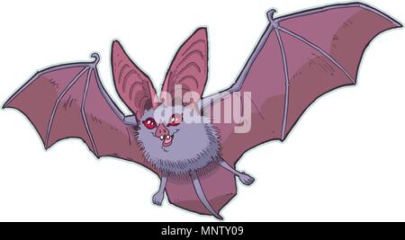Vector cartoon clip art illustration of a cute leaf nose bat with big ears, red eyes, and spread wings. Elements in separate layers. Stock Vector