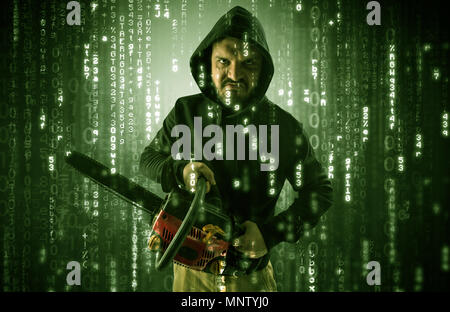 Masked and armed anonymous hacker breaking in cyber security cloud data concept  Stock Photo