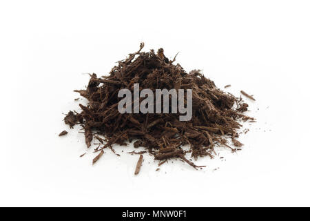 Tree bark and wood chips mulch used in horticulture and gardening. Closeup of an isolated cone pile on white studio background. Stock Photo