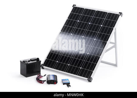 Solar power kit with a portable 100 Watt crystalline solar panel, inverter, charge controller and a battery isolated on white background Stock Photo