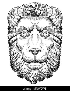 Ancient relief, sculpture in form of a lion's head profile view, vector ...