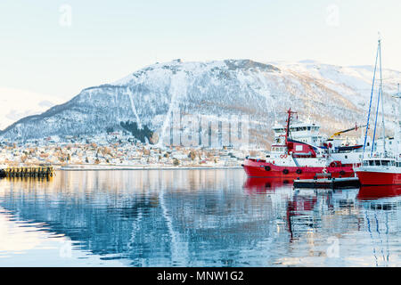 Beautiful winter landscape of snow covered town Tromso in Northern Norway Stock Photo