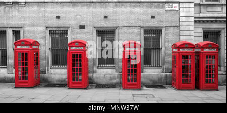 A row of British Red Telephone Boxes, Broad Court, Covent Garden, London, England, UK Stock Photo