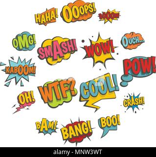 Comic colored sound icons set in flat style Stock Vector