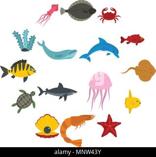 Sea animals icons set in flat style Stock Vector