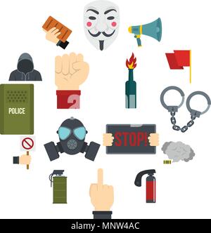 Protest icons set in flat style Stock Vector