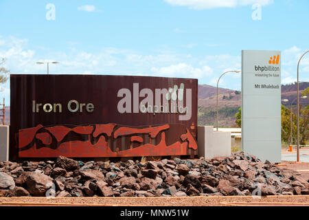 NEWMAN, AUSTRALIA - February 28, 2018: BHP Billiton is the second largest iron ore mining company in the Pilbara & owns the majority of the Mt Whaleba Stock Photo