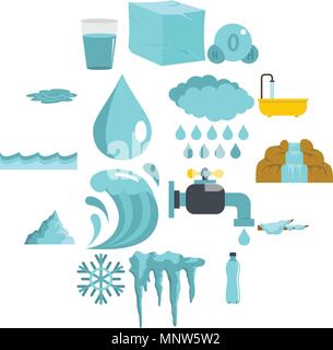 Water icons set in flat style Stock Vector