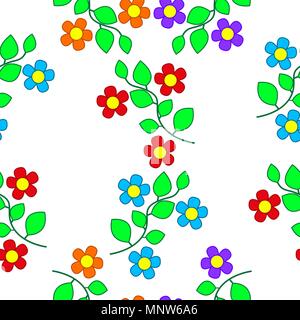 Seamless patterns of simple flowers and green leaves. Stock Vector