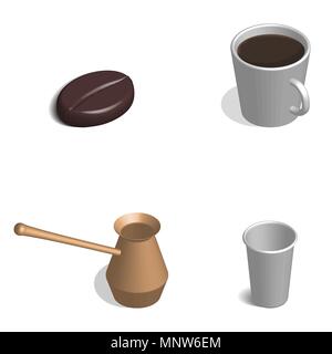 Coffee set. Cup, bean and cezve isolated on white background. 3D isometric style, vector illustration. Stock Vector