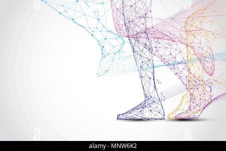 Close up of runner s legs run form lines and triangles, point connecting network on blue background. Illustration vector Stock Vector