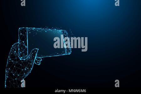 Hand holding smartphone icon form lines and triangles, point connecting network on blue background. Illustration vector Stock Vector