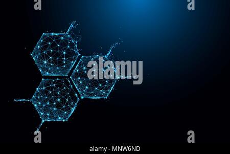 Molecule structure icon form lines and triangles, point connecting network on blue background. Illustration vector Stock Vector