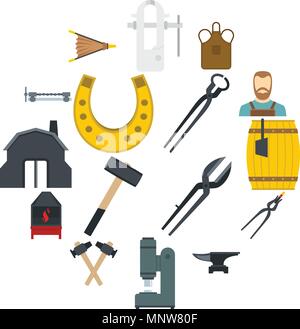 Blacksmith icons set in flat style Stock Vector