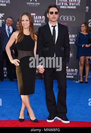 Robert Downey Jr and wife   at the Captain America, Civil War Premiere at the Dolby Theatre in Los Angeles. April 12, 2016.a  Robert Downey Jr and wife  ------------- Red Carpet Event, Vertical, USA, Film Industry, Celebrities,  Photography, Bestof, Arts Culture and Entertainment, Topix Celebrities fashion /  Vertical, Best of, Event in Hollywood Life - California,  Red Carpet and backstage, USA, Film Industry, Celebrities,  movie celebrities, TV celebrities, Music celebrities, Photography, Bestof, Arts Culture and Entertainment,  Topix, vertical,  family from from the year , 2016, inquiry tsu Stock Photo