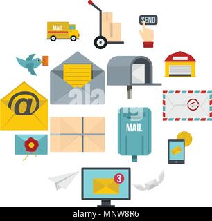 Poste service icons set in flat style Stock Vector