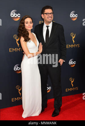 Emmy Rossum, Sam Esmail  at the 68th Emmy Awards 2016 at the Microsoft Theatre in Los Angeles. September 18, 2016.Emmy Rossum, Sam Esmail  ------------- Red Carpet Event, Vertical, USA, Film Industry, Celebrities,  Photography, Bestof, Arts Culture and Entertainment, Topix Celebrities fashion /  Vertical, Best of, Event in Hollywood Life - California,  Red Carpet and backstage, USA, Film Industry, Celebrities,  movie celebrities, TV celebrities, Music celebrities, Photography, Bestof, Arts Culture and Entertainment,  Topix, vertical,  family from from the year , 2016, inquiry tsuni@Gamma-USA.c Stock Photo