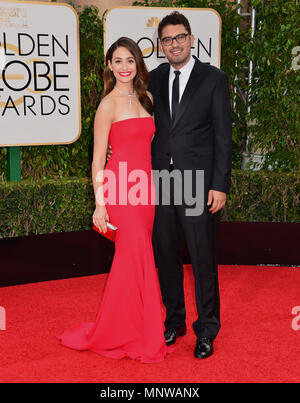 Emmy Rossum, Sam Esmail  at the 2016 Golden Globe Awards at the Beverly Hilton in Los Angeles. January 10, 2016. Emmy Rossum, Sam Esmail copy ------------- Red Carpet Event, Vertical, USA, Film Industry, Celebrities,  Photography, Bestof, Arts Culture and Entertainment, Topix Celebrities fashion /  Vertical, Best of, Event in Hollywood Life - California,  Red Carpet and backstage, USA, Film Industry, Celebrities,  movie celebrities, TV celebrities, Music celebrities, Photography, Bestof, Arts Culture and Entertainment,  Topix, vertical,  family from from the year , 2016, inquiry tsuni@Gamma-US Stock Photo