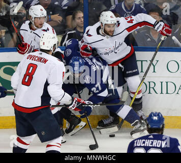 Tampa, Florida, USA. 19th May, 2018. DOUGLAS R. CLIFFORD | Times.Tampa Bay Lightning defenseman Ryan McDonagh (27) tries to maintain possession during the second period of game 5 of the Eastern Conference Finals against the Washington Capitals on Saturday May 19, 2018 at Amalie Arena. Credit: Douglas R. Clifford/Tampa Bay Times/ZUMA Wire/Alamy Live News Stock Photo