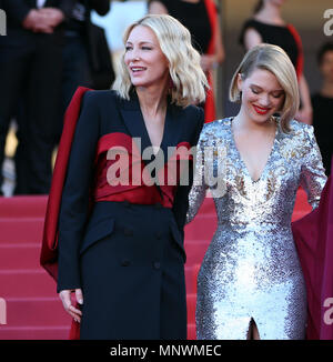 Cannes, France. 19th May 2018.  Jury president Cate Blanchett (L) and jury member Lea Seydoux take part in the screening of 'The Man Who Killed Don Quixote' and the Closing Ceremony during the 71st annual Cannes Film Festival at Palais des Festivals in Cannes, France on May 19, 2018. Credit: Luo Huanhuan/Xinhua/Alamy Live News Stock Photo