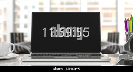 Computer laptop screen in office at noon or midnight with digital time onscreen, front view and blur window city background, 3d illustration Stock Photo