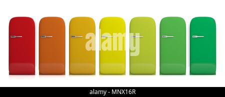 Refrigerators, home appliances and energy efficiency. Vintage fridges various colors isolated on white background, front view, banner. 3d illustration Stock Photo