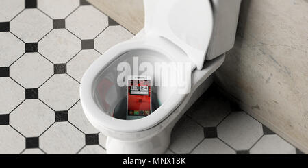 Mobile phone dropped in bathroom toilet bowl with black and white tiles, view from above. 3d illustration Stock Photo