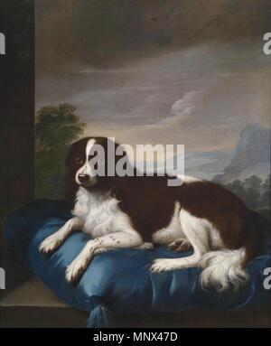 . English Springer Spaniel on a cushion . by 1807.    Sawrey Gilpin  (1733–1807)     Description English painter, illustrator and etcher animals  Date of birth/death 30 October 1733 8 March 1807  Location of birth/death Carlisle Brompton  Authority control  : Q7428677 VIAF: 284478 ISNI: 0000 0000 6659 7365 ULAN: 500115480 LCCN: nr2001025477 WGA: GILPIN, Sawrey WorldCat 1098 Sawrey Gilpin Englischer Springer Spaniel auf Kissen Stock Photo