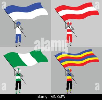 Sport supporter silhouette with flag and curly wig. All the objects and four different silhouettes are in different layers. Stock Vector