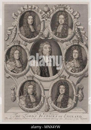 by Robert White,print,1695    . English: 'Their Excellencies the Lords Justices of England, for the administration of the Government during the absence of the King': William Cavendish, 1st Duke of Devonshire (1640-1707) Charles Sackville, 6th Earl of Dorset (1638-1706) Sidney Godolphin, 1st Earl of Godolphin (1645-1712) Thomas Herbert, 8th Earl of Pembroke (1656-1733) Charles Talbot, 1st Duke of Shrewsbury (1660-1718) John Somers, Baron Somers (1651-1716) Thomas Tenison (1636-1715)  . 1695.   Robert White  (1645–1703)     Description English draughtsman and engraver  Date of birth/death 1645 1 Stock Photo