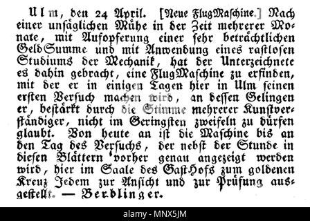 . Anzeige des Schneiders Albrecht Ludwig Berblinger in der Zeitung „Schwäbische Kronik“ vom 24. April 1811, in der er ankündigt, mit seiner Erfindung einer Flugmaschine in einigen Tagen in Ulm öffentlich Versuche zu machen und bekannt gibt, dass diese Flugmaschine, für die er eine beträchtliche Summe Geld, Mühe und Mechanikstudien aufgewendet habe, nun im Saale des Gasthaus Goldenes Kreuz bis zum Tag des Flugs zur Ansicht und Prüfung ausgestellt sei. Bildquelle: Stadtarchiv Ulm . 24 April 1811. Albrecht Ludwig Berblinger 1103 Schneider von Ulm Anzeige 1811-04-24 Stock Photo