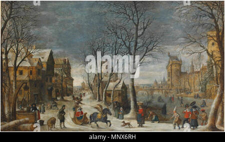 IAn Allegory of Winter: A winter landscape with townsfolk, masked gentlemen in horse-drawn sledges and skaters on a canal outside the city walls of Antwerp    .   1107 Sebastiaen Vrancx - An Allegory of Winter Stock Photo