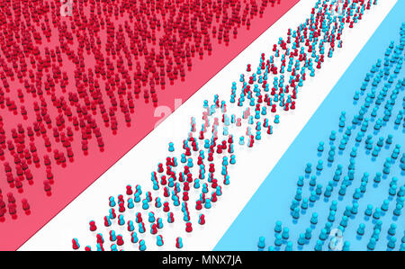 Crowd of small symbolic figures red and blue split areas, 3d illustration, horizontal background Stock Photo