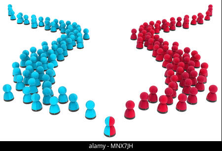 Crowd of small symbolic figures red and blue split groups, 3d illustration, horizontal, isolated, over white Stock Photo