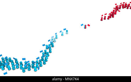 Crowd of small symbolic figures red and blue split groups with flags, 3d illustration, horizontal, isolated, over white Stock Photo