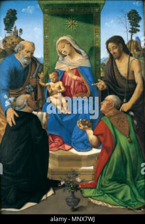 English: Madonna and Child Enthroned with Sts. Peter, John the Baptist, Dominic, and Nicholas of Bari   circa 1481–85.   986 Piero di Cosimo - Madonna and Child Enthroned with Saints Stock Photo