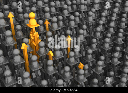Crowd of small symbolic figures arrow pillars, 3d illustration, horizontal Stock Photo
