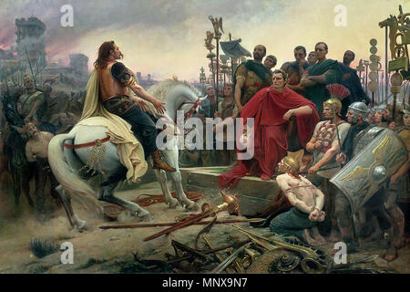 French: Vercingetorix jette ses armes aux pieds de Jules César Vercingetorix throws down his arms at the feet of Julius Caesar . The painting depicts the surrender of the Gallic chieftain after the Battle of Alesia (52 BC). Note that one of the warriors (bottom left) has a torque around his neck. In fact, the torque was reserved only for gods and important members of a royal family. The depiction of Gauls with long hair and mustaches is also called into question today. The horse is a Percheron, although at this time this breed was not in Gaul. In addition, the Gauls rode bareback, but here the