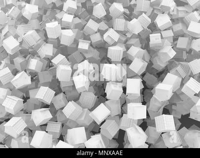 Small white cottages chaotic scatter, 3d illustration, background horizontal Stock Photo