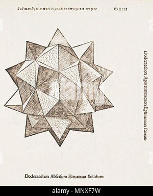 . English: Stellated Dodecahedron, from De divina proportione by Luca Pacioli, woodcut by Leonardo da Vinci. Venice, 1509 . 1509. Luca Pacioli, Leonardo da Vinci 1143 Stellated Dodecahedron Luca Pacioli and Leonardo da Vinci 1509 Stock Photo