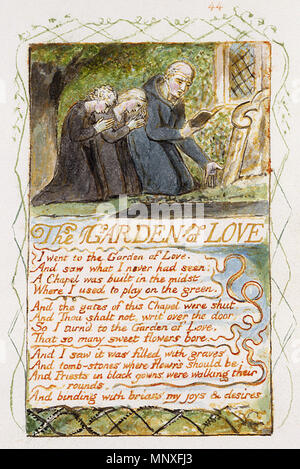 .  English: Songs of Innocence and of Experience copy Y object 44 The GARDEN of LOVE . 1825.    William Blake  (1757–1827)       Alternative names W. Blake; Uil'iam Bleik  Description British painter, poet, writer, theologian, collector and engraver  Date of birth/death 28 November 1757 12 August 1827  Location of birth/death Broadwick Street Charing Cross  Work location London  Authority control  : Q41513 VIAF: 54144439 ISNI: 0000 0001 2096 135X ULAN: 500012489 LCCN: n78095331 NLA: 35019221 WorldCat 1131 Songs of Innocence and of Experience copy Y object 44 The GARDEN of LOVE Stock Photo