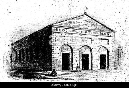 . English: Figure 6 of Suggestions on the Arrangement and Characteristics of Parish Churches. Original description by J. J. McCarthy on p. 11: Sometimes we find arrangements so far outraging all ecclesiastical propriety and architectural principles, even to the rendering of the buildings incommodious for the worshippers, that they cannot be reduced to any general class or description. Figures 5 and 6 will illustrate one of these strange vagaries. The idea of the designer was, to cover in a great area with one roof, unsupported by pillars of any sort, so that the altar, placed against the side  Stock Photo