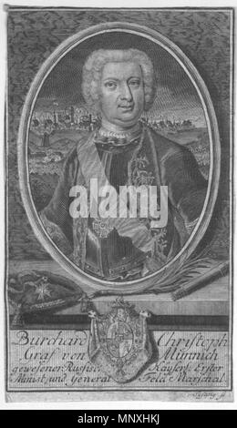 . Deutsch: Burkhard Christoph von Münnich (1683-1767) — Graf, Feldmarschall, Minister; Rußland English: Burkhard Christoph von Münnich (1683-1757), copper engraving. Size (H x W):5.9 x 3.5 inches (14.8 x 8.8 cms) . 18th century.   Johann Christoph Sysang  (1703–1757)    Description German engraver  Date of birth/death 20 May 1703 12 July 1757  Location of birth/death English: Leipzig, Saxony, Germany  English: Leipzig, Saxony, Germany  Work location English: Halle, Dresden, Prag, Leipzig  Authority control  : Q18508381 VIAF: 7498250 ISNI: 0000 0001 1037 0310 LCCN: no2005063125 GND: 122052919 S Stock Photo