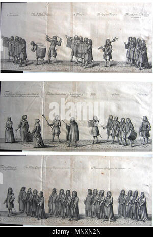 English: The Coronation Procession of King James II and Queen Mary of Modena. .  English: A digital reproduction of the first three out of 19 sheets of a copper engraving of the coronation procession of James II of England and Queen Mary of Modena. The coronation took place at Westminster Abbey on 23 April 1685. The first sheet appears to be in the centre, the second sheet at the top and the third sheet at the bottom. . circa 1685..   1171 The Coronation Procession of King James II and Queen Mary of Modena (c. 1685, full version) Stock Photo