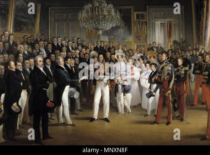 . English: The members of the Chamber of Deputies are received at the Palais Royal by the duke of Orleans and his family, Paris 7th August 1830 . 2 January 2018. Francois Joseph Heim 1172 The Duke of Orleans receives at the Palais Royal the members of the Chambers of Deputies, 7 August 1830 Stock Photo